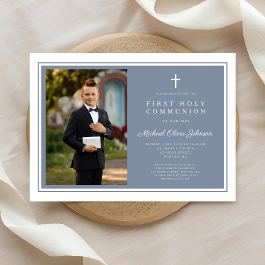 Modern Dusty Blue Boy Photo First Communion Kaart