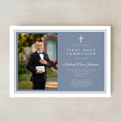 Modern Dusty Blue Boy Photo First Communion Kaart