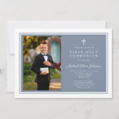 Modern Dusty Blue Boy Photo First Communion Kaart (Voorkant)