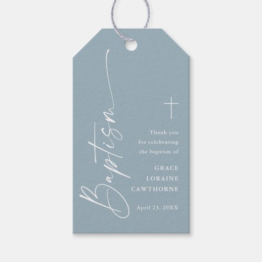 Modern Dusty Blue Boys Baptism Bedankt Favor Cadeaulabel (Voorkant)