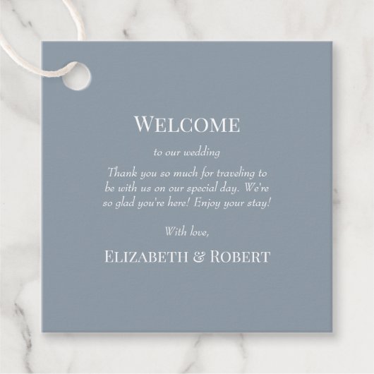 Modern Dusty Blue Bruiloft Welkom Cadeau Label (Voorkant)