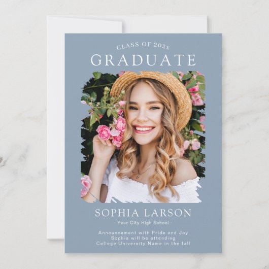 Modern Dusty Blue Brush Stroke Photo Afstuderen Aankondiging (Voorkant)