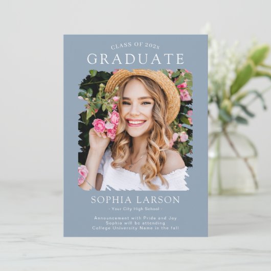 Modern Dusty Blue Brush Stroke Photo Afstuderen Aankondiging (Staand voorkant)