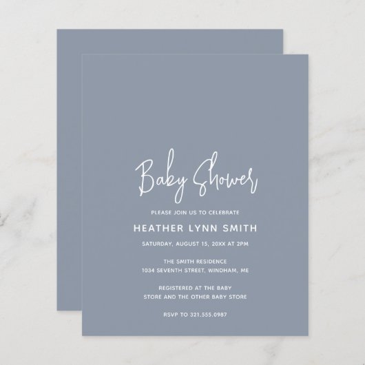 Modern Dusty Blue Budget Baby shower Uitnodiging (Voorkant / Achterkant)