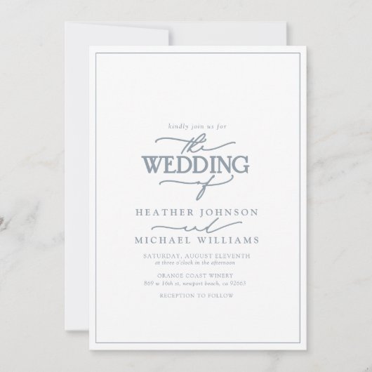 Modern Dusty Blue Calligraphy Wedding Invitation Kaart (Voorkant)