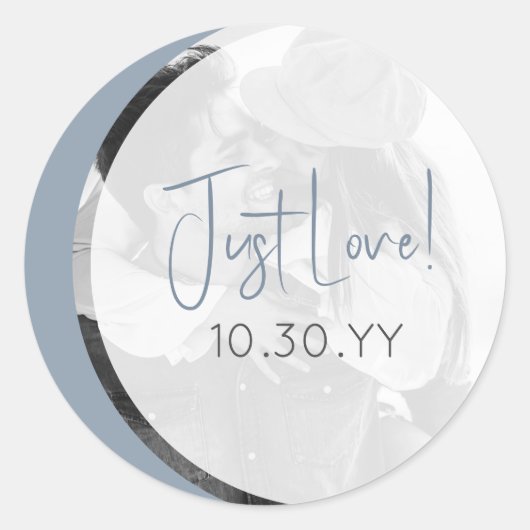 Modern Dusty Blue Casual Just Love Bruiloft Ronde Sticker (Voorkant)