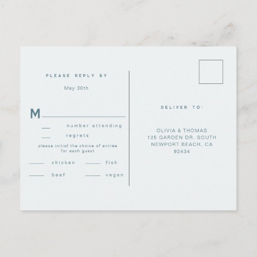 Modern Dusty Blue Chic Beach Trouwmaaltijd RSVP Uitnodiging Briefkaart (Achterkant)