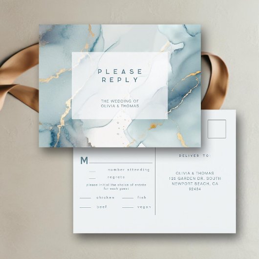 Modern Dusty Blue Chic Beach Trouwmaaltijd RSVP Uitnodiging Briefkaart
