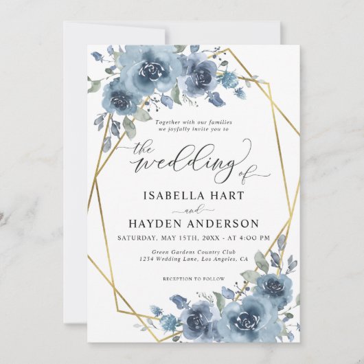 Modern Dusty Blue Chic Floral Gold Lijst Wedding Kaart (Voorkant)