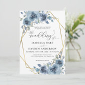 Modern Dusty Blue Chic Floral Gold Lijst Wedding Kaart (Staand voorkant)