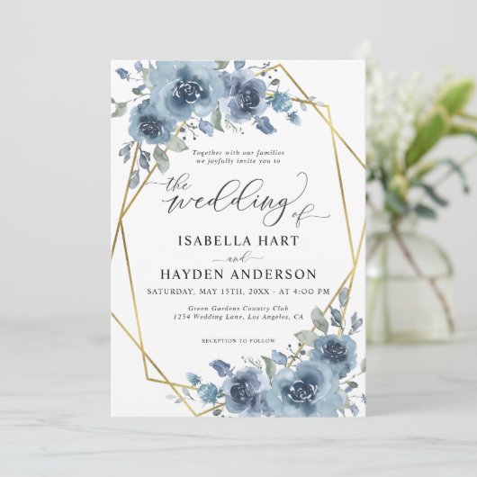 Modern Dusty Blue Chic Floral Gold Lijst Wedding Kaart (Staand voorkant)