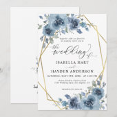 Modern Dusty Blue Chic Floral Gold Lijst Wedding Kaart (Voorkant / Achterkant)