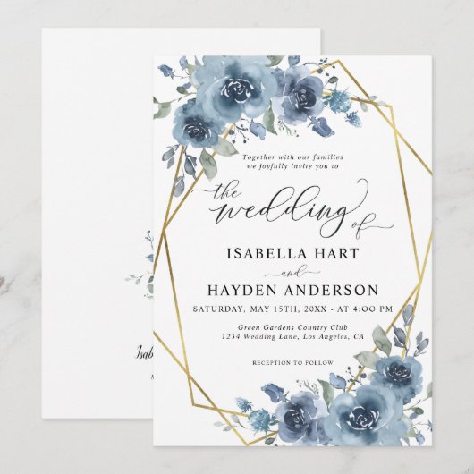Modern Dusty Blue Chic Floral Gold Lijst Wedding Kaart (Voorkant / Achterkant)