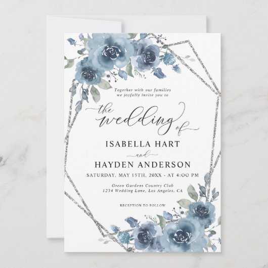 Modern Dusty Blue Chic Floral Silver Lijst Wedding Kaart (Voorkant)
