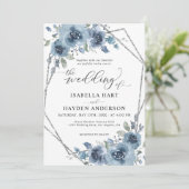 Modern Dusty Blue Chic Floral Silver Lijst Wedding Kaart (Staand voorkant)