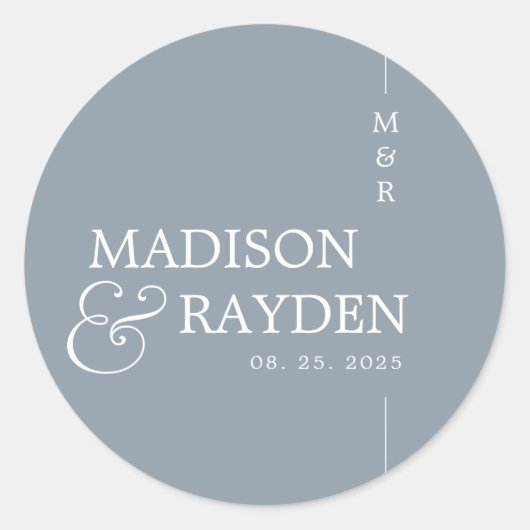 Modern Dusty Blue Chic Monogram Weddenschap Ronde Sticker (Voorkant)