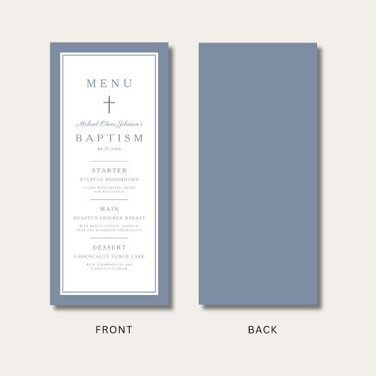 Modern Dusty Blue Cross Boy Baptism Menu