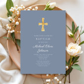 Modern Dusty Blue Cross Boy Baptisme Invitation Kaart