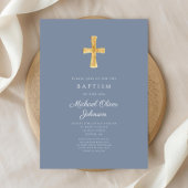 Modern Dusty Blue Cross Boy Baptisme Invitation Kaart