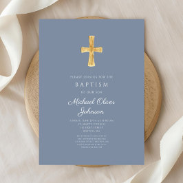 Modern Dusty Blue Cross Boy Baptisme Invitation Kaart