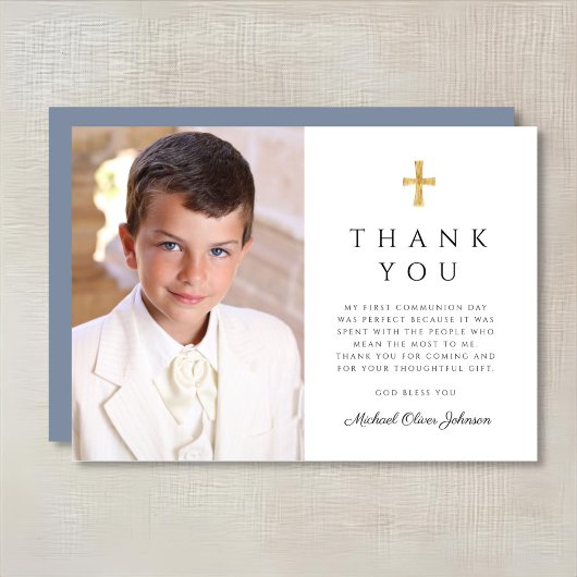 Modern Dusty Blue Cross Boy Eerste Communie Foto Bedankkaart