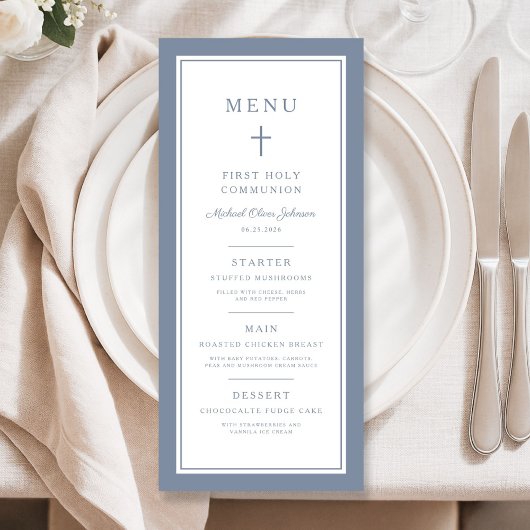 Modern Dusty Blue Cross Boy First Communion Menu