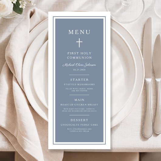 Modern Dusty Blue Cross Boy First Communion Menu
