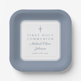 Modern Dusty Blue Cross Boy First Communion Papieren Bordje