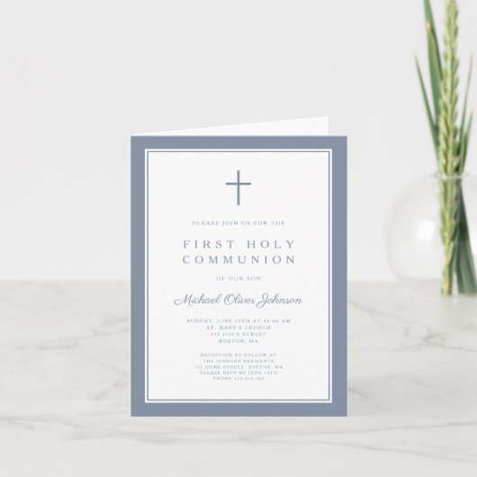 Modern Dusty Blue Cross Boy First Holy Communion (Voorkant)