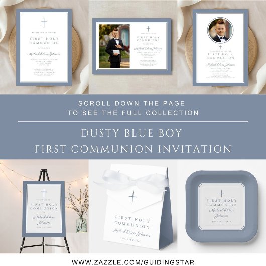 Modern Dusty Blue Cross Boy First Holy Communion