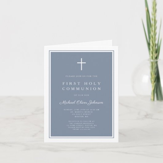 Modern Dusty Blue Cross Boy First Holy Communion (Voorkant)