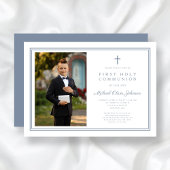 Modern Dusty Blue Cross Boy Foto Eerste Communie Kaart