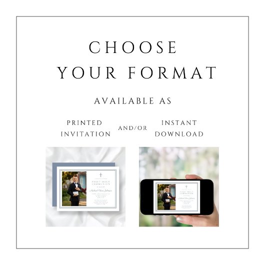 Modern Dusty Blue Cross Boy Foto Eerste Communie Kaart