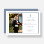 Modern Dusty Blue Cross Boy Foto Eerste Communie Kaart