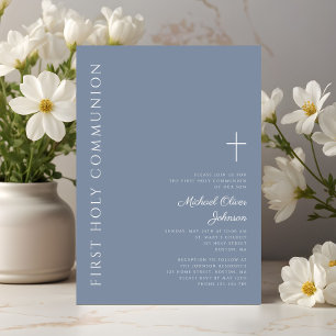 Modern Dusty Blue Cross Eerste Heilige Communie Kaart