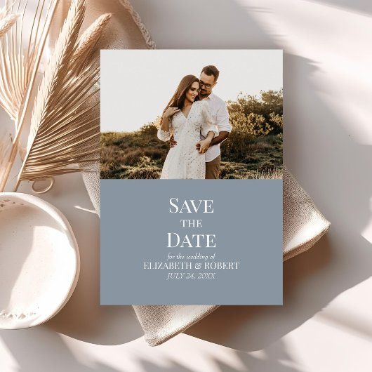 Modern Dusty Blue Custom Photo Save the Date Kaart