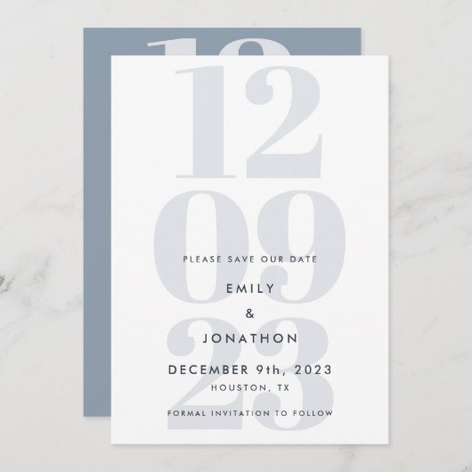 Modern Dusty Blue Date Typografie Save The Date (Voorkant / Achterkant)