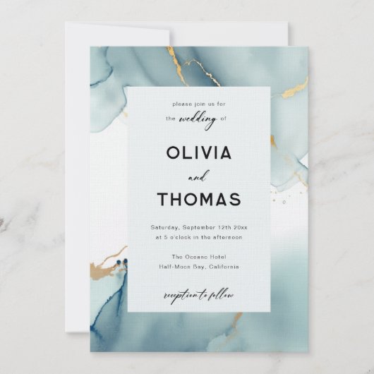 Modern Dusty Blue Elegant Lijst Beach Bruiloft Kaart (Voorkant)