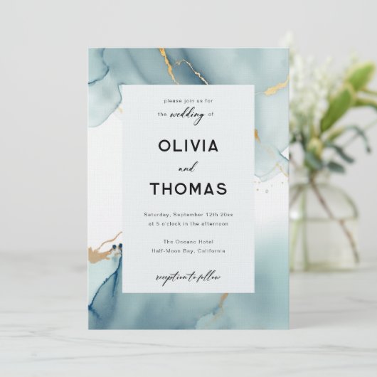 Modern Dusty Blue Elegant Lijst Beach Bruiloft Kaart (Staand voorkant)