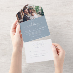 Modern Dusty Blue Elegant Script Photo Wedding All In One Uitnodiging
