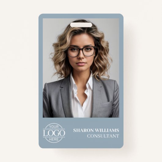 Modern Dusty Blue Employee Photo Company Logo Badge (Voorkant)