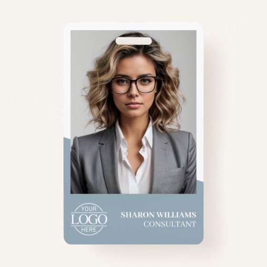 Modern Dusty Blue Employee Photo Company Logo Badge (Voorkant)