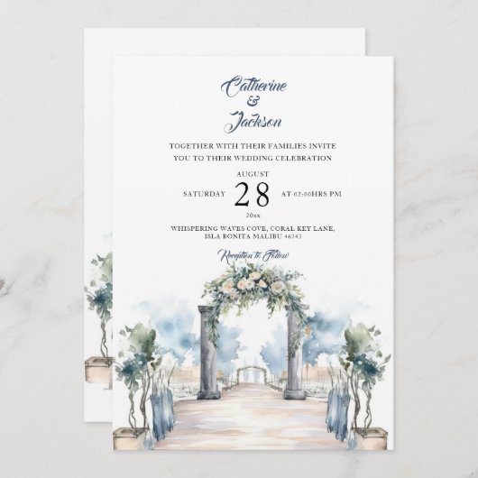 Modern Dusty Blue en Aqua Beach Bruiloft Kaart (Voorkant / Achterkant)