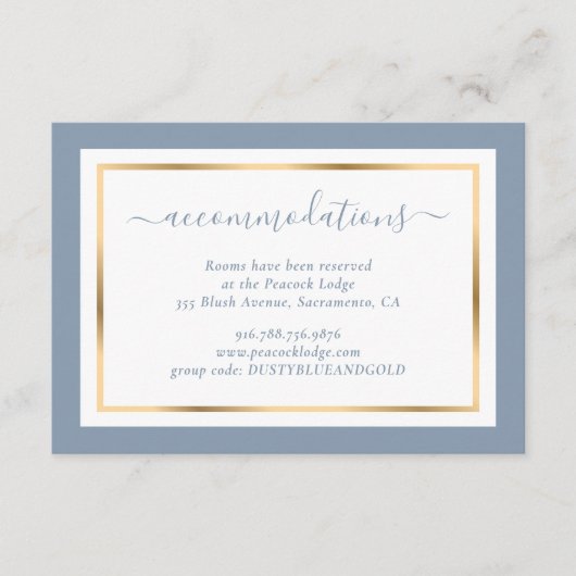 Modern Dusty Blue en Gold Wedding Hotel Informatiekaartje (Voorkant)