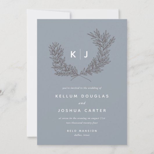 Modern Dusty Blue en White Monogram Wedding Kaart (Voorkant)