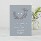 Modern Dusty Blue en White Monogram Wedding Kaart (Staand voorkant)