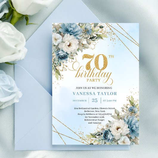 Modern dusty blue eucalyptus gold 70th birthday kaart