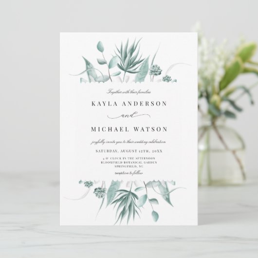 Modern Dusty Blue Eucalyptus Greenery Wedding Kaart (Staand voorkant)