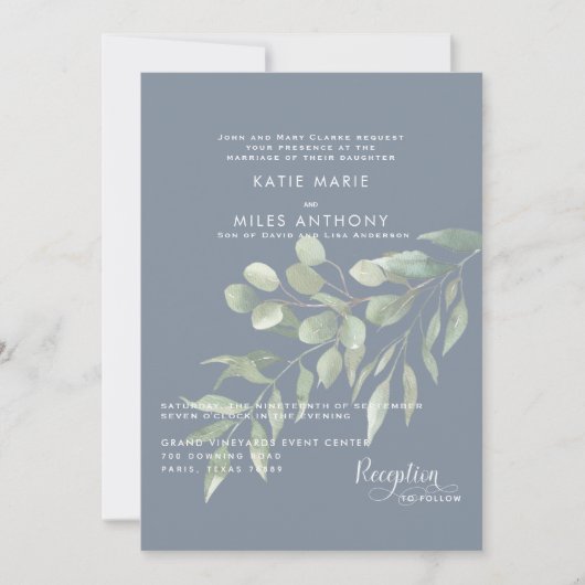 Modern Dusty Blue Eucalyptus Weddenschap Kaart (Voorkant)