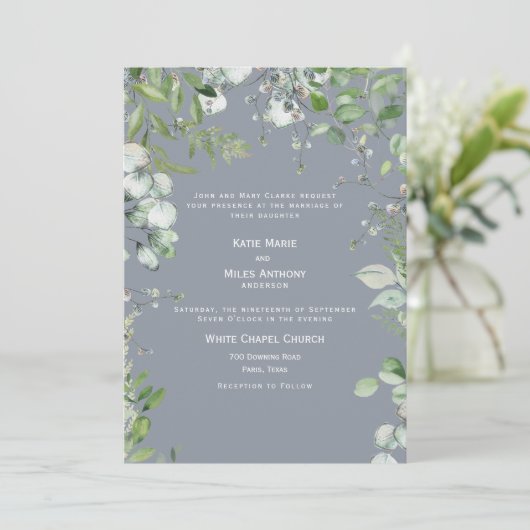 Modern Dusty Blue Eucalyptus Wedding Kaart (Staand voorkant)